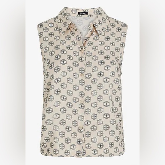 NWT. Express Printed Sleeveless Portofino Shirt. Cream White & Black. Size XS. - Picture 5 of 6